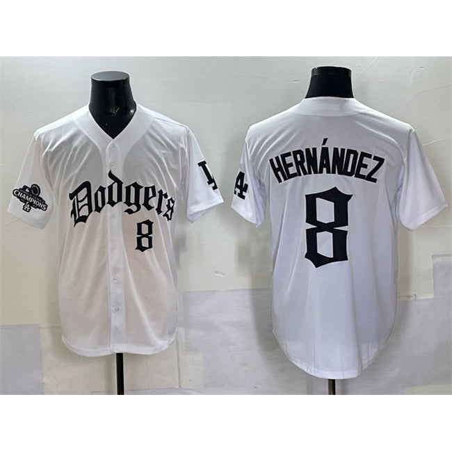 Los Angeles Dodgers #8 Enrique Hern¨¢ndez White HeidiMiller 2025 LA Gothic Style With 2024 World Series Champions Patch Vapor Premier Limited Stitched Jersey