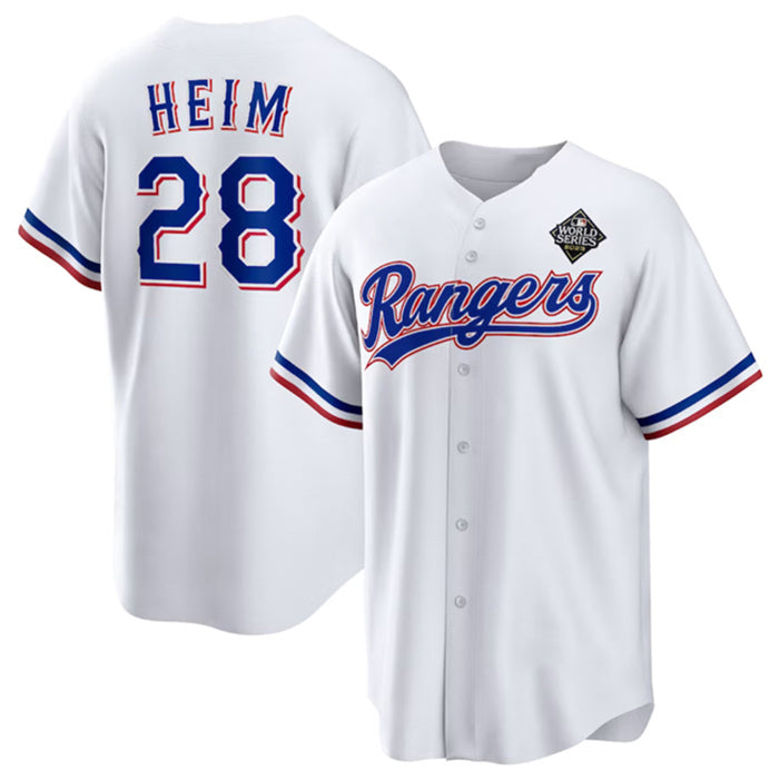 Texas Rangers #28 Jonah Heim 2023 White HeidiMiller World Series Stitched Jersey