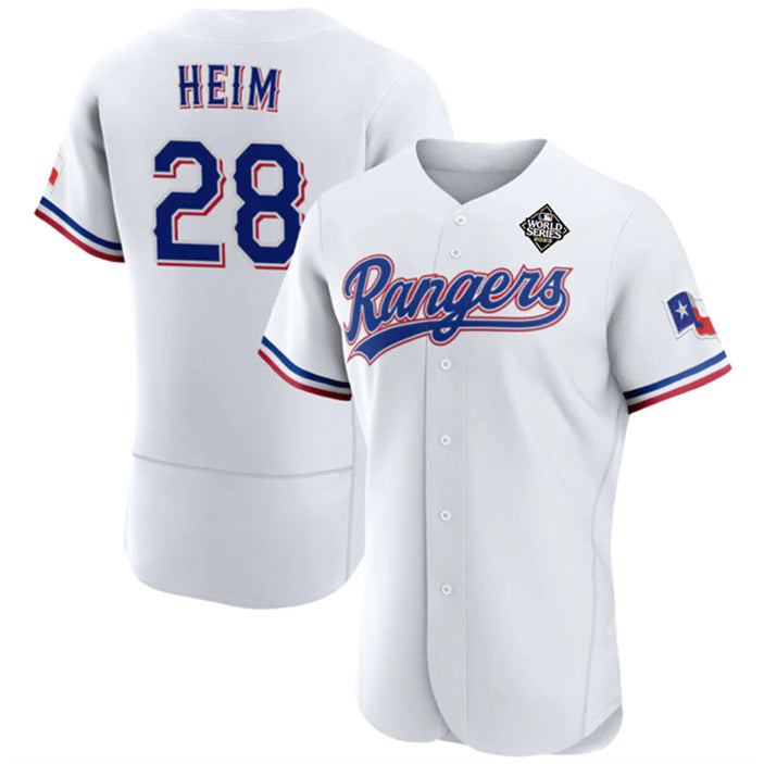 Texas Rangers #28 Jonah Heim White HeidiMiller 2023 World Series Flex Base Stitched Jersey