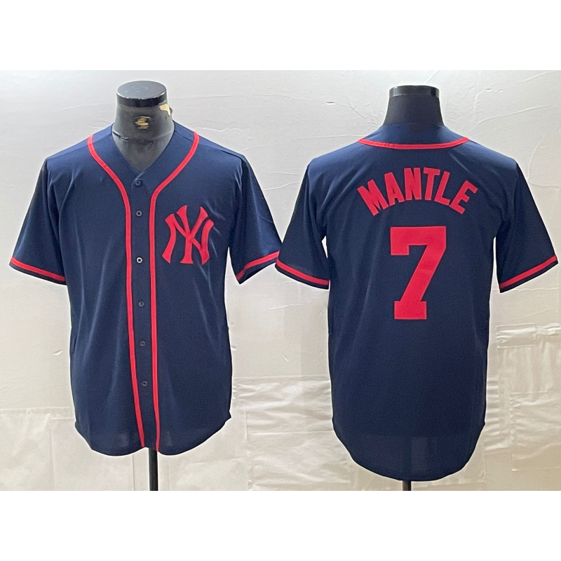 New York Yankees #7 Mickey Mantle Navy Red HeidiMiller Fashion Cool Base Jersey