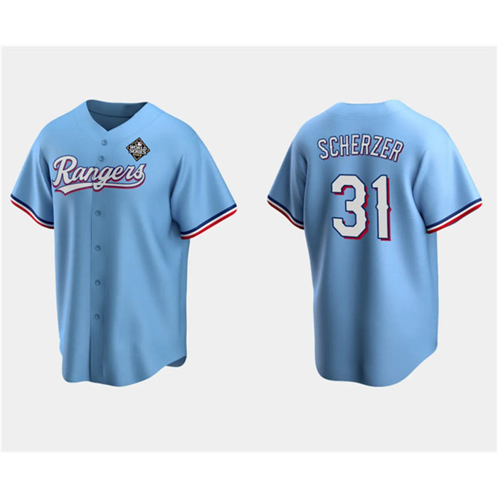 Texas Rangers #31 Max Scherzer Blue HeidiMiller 2023 World Series Stitched Jersey