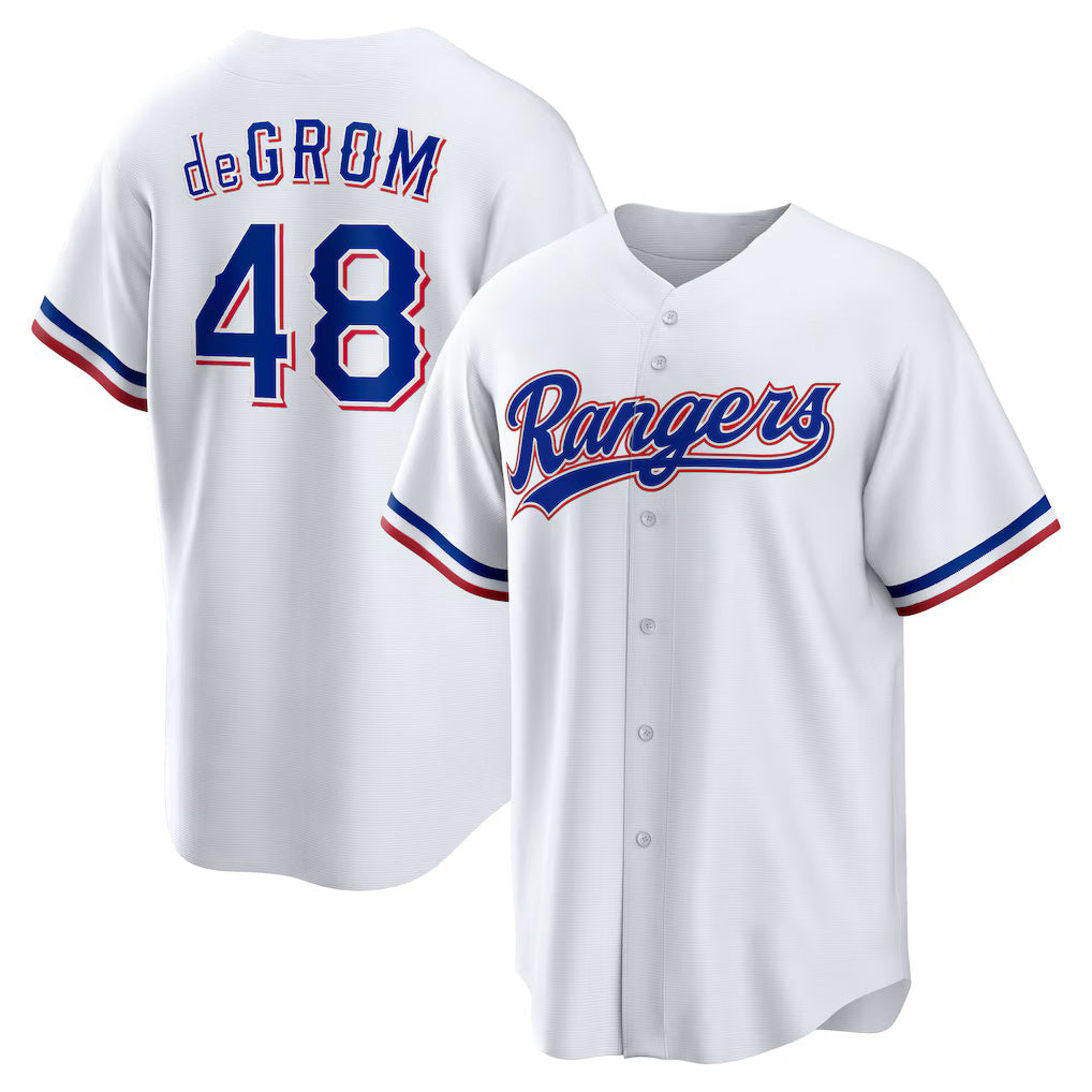 Texas Rangers #48 Jacob deGrom White HeidiMiller Home Replica Player Jersey