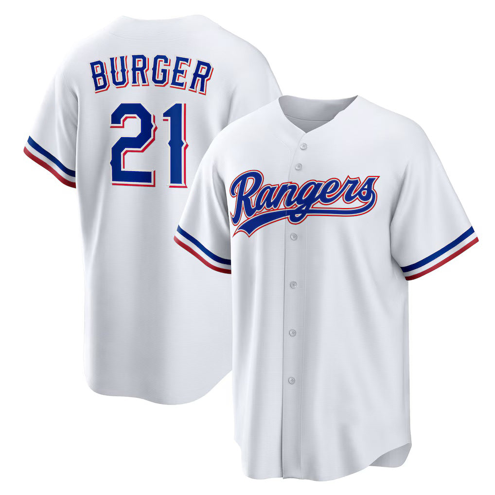 Texas Rangers #21 Jake Burger White HeidiMiller Home Replica Jersey