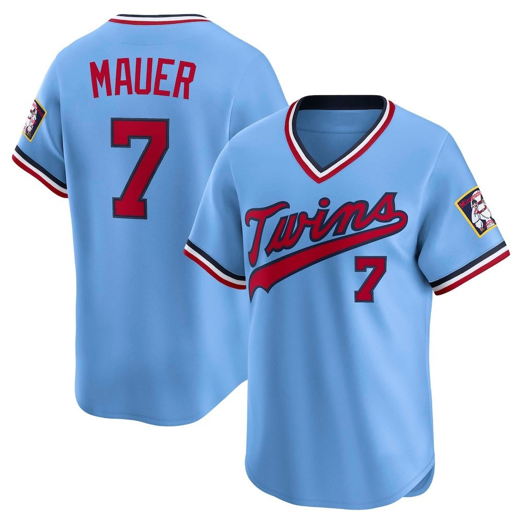 Minnesota Twins #7 Joe Mauer Light Blue HeidiMiller Throwback Cooperstown Collection Limited Jersey