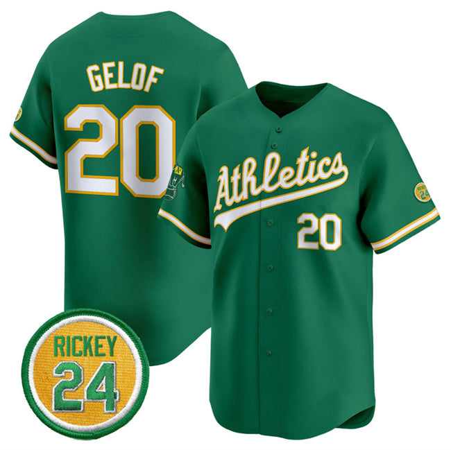Oakland Athletics #20 Zack Gelof Green HeidiMiller 2024 Limited With Rickey Henderson Patch Stitched Jersey