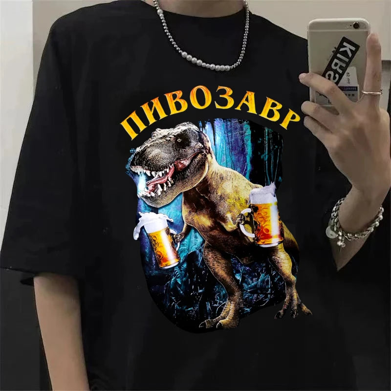 Funny Dinosaur With Beer Graphic T Shirts Unisex Harajuku Fashion Animal Print T-shirt Daily Casual Short Sleeve T-shirts Man