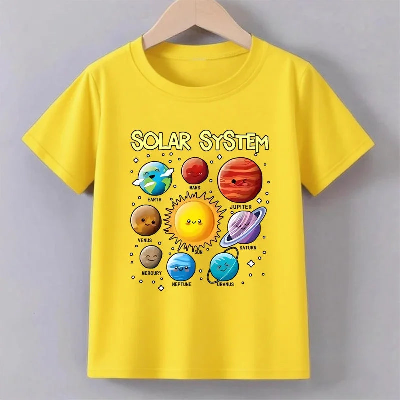 Teenage Solar System Colorful Printed T-shirt Boys Girls Summer Casual Fashion Round Neck Short Sleeve Tops Children Clothing