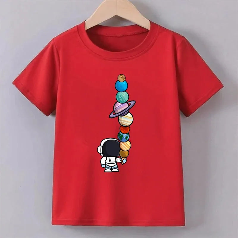 Teenage Astronaut Planeet Print T-shirt Summer Boys Fashion Casual Funny O-Neck Short Sleeve Children Colorful Tops T-shirt