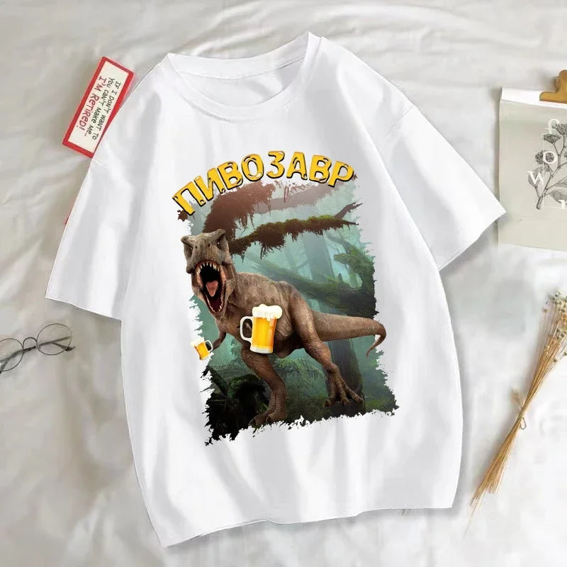 Funny Dinosaur With Beer Graphic T Shirts Unisex Harajuku Fashion Animal Print T-shirt Daily Casual Short Sleeve T-shirts Man