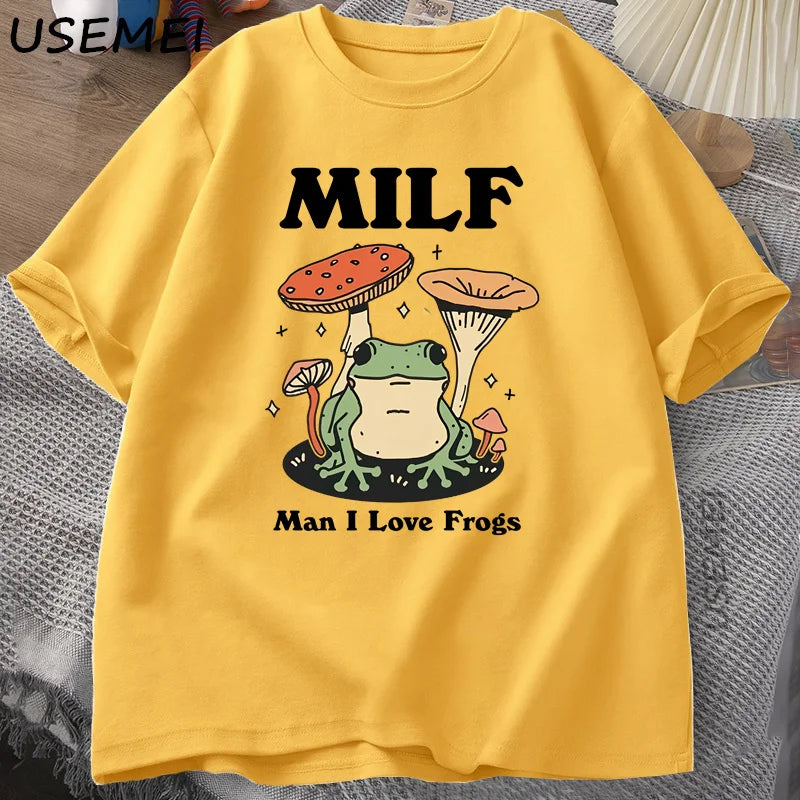 Retro Frog Tshirt Funny MILF Froggy T Shirt Cottagecore Froggy T-shirt Toad Frog Lover Tees Man Clothing Tees Short Sleeve