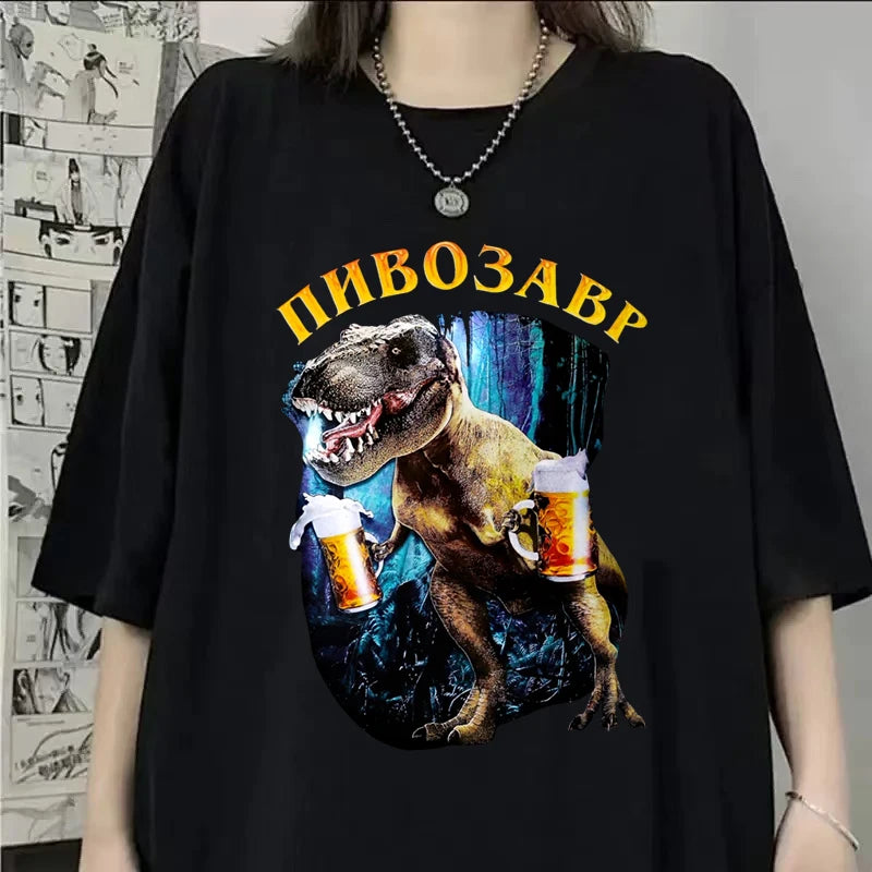 Funny Dinosaur With Beer Graphic T Shirts Unisex Harajuku Fashion Animal Print T-shirt Daily Casual Short Sleeve T-shirts Man