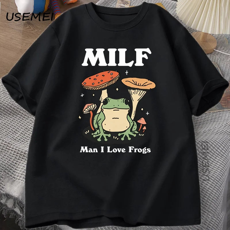 Retro Frog Tshirt Funny MILF Froggy T Shirt Cottagecore Froggy T-shirt Toad Frog Lover Tees Man Clothing Tees Short Sleeve
