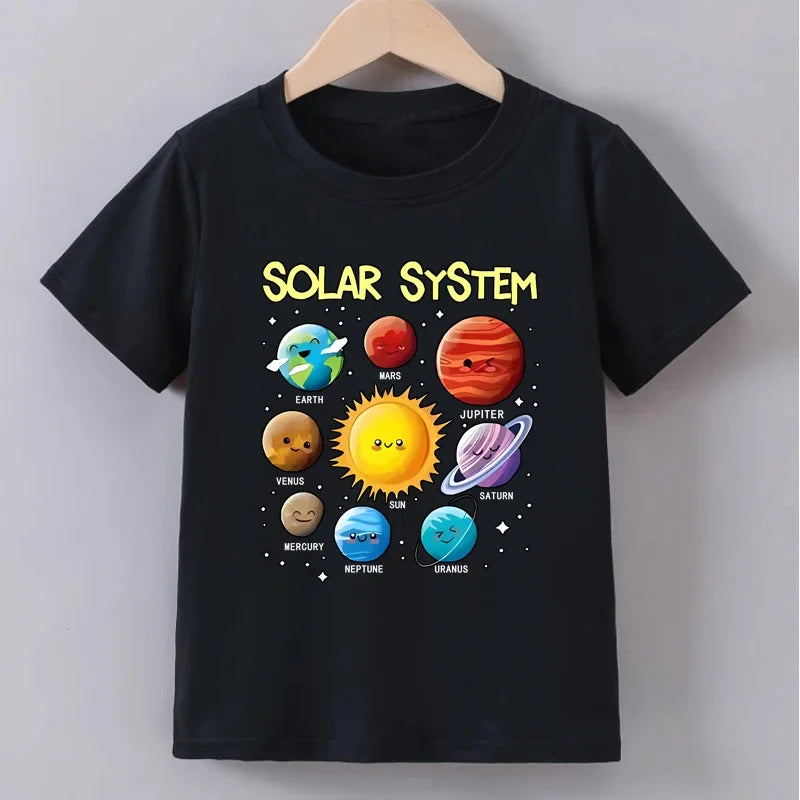 Teenage Solar System Colorful Printed T-shirt Boys Girls Summer Casual Fashion Round Neck Short Sleeve Tops Children Clothing