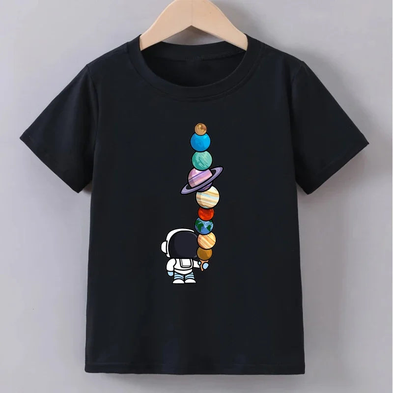 Teenage Astronaut Planeet Print T-shirt Summer Boys Fashion Casual Funny O-Neck Short Sleeve Children Colorful Tops T-shirt