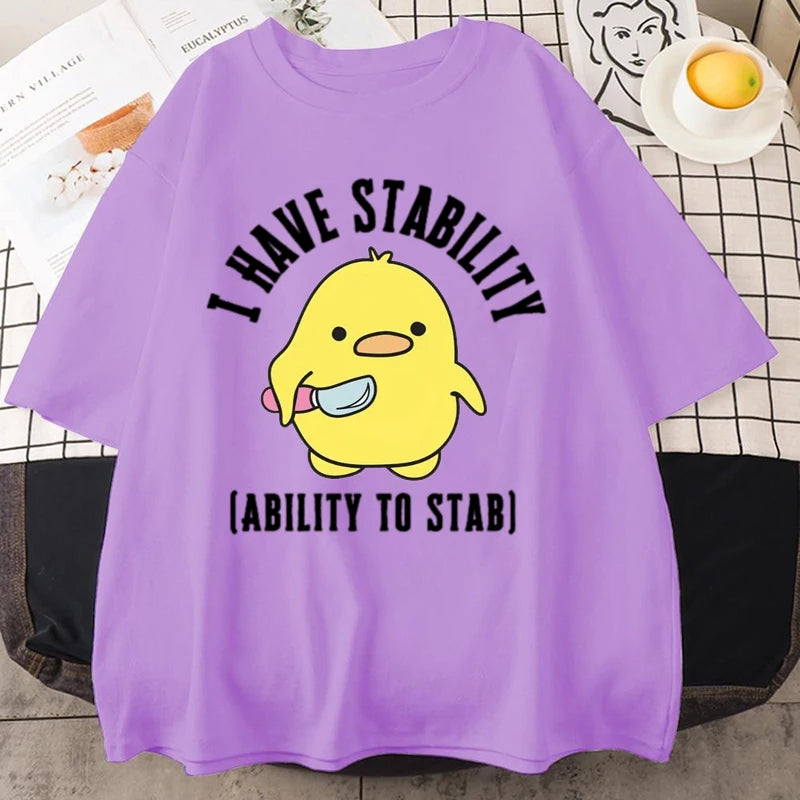 new I Have Stability Ability To Stab T-Shirt Men Women Fashion Duck Meme Graphic T-shirts Soft Unisex Tee Tops Streetwear