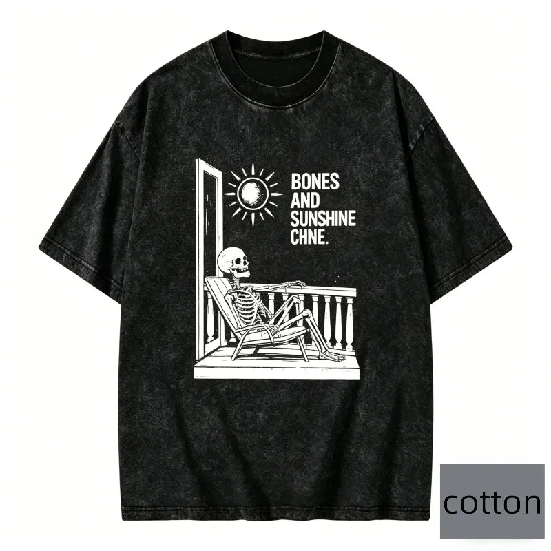 Funny Skeleton Short-sleeved T-shirt Mentally Ill But Totally Chill Quote Graphic Tee Vintage Cotton Oversized Top for Women Men
