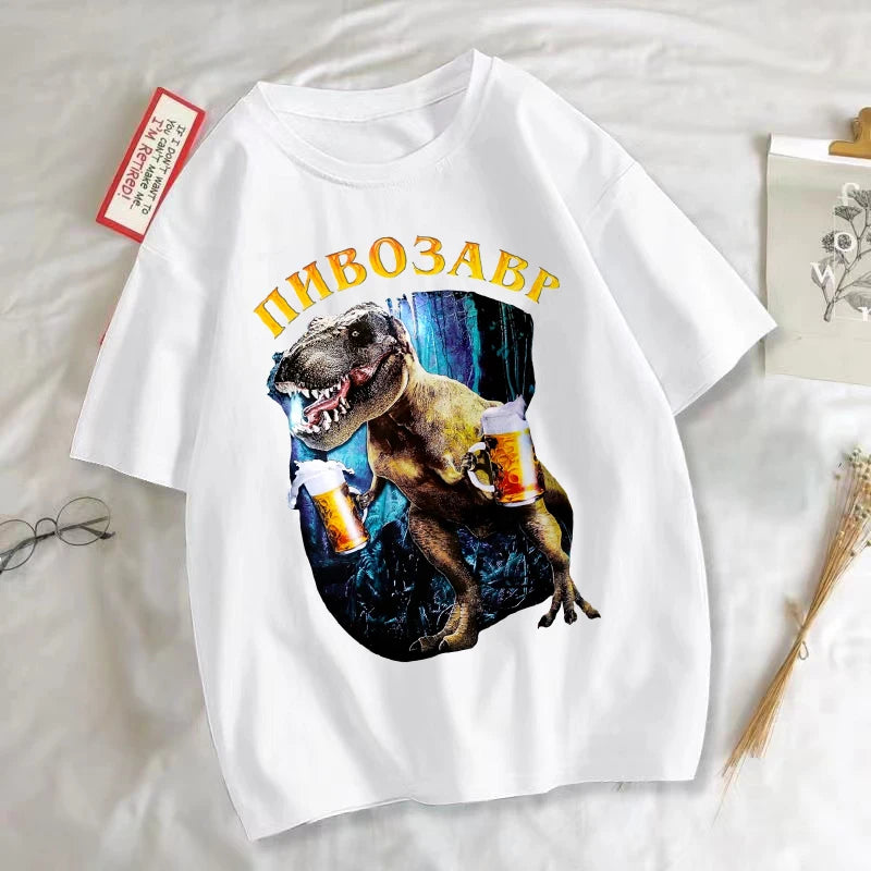 Funny Dinosaur With Beer Graphic T Shirts Unisex Harajuku Fashion Animal Print T-shirt Daily Casual Short Sleeve T-shirts Man