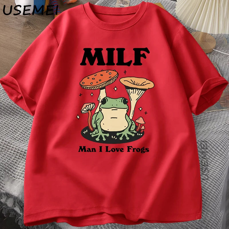 Retro Frog Tshirt Funny MILF Froggy T Shirt Cottagecore Froggy T-shirt Toad Frog Lover Tees Man Clothing Tees Short Sleeve