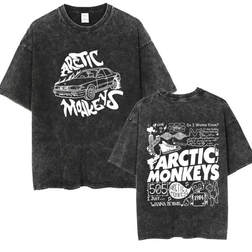 Retro Rock Arctic Monkeys Music Album Graphic T-Shrit Men's Vintage Washed Oversized Short Sleeve T Shirt Y2k Hip Hop Streetwear