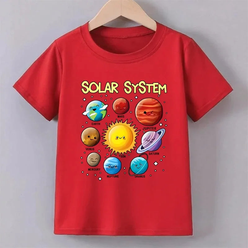 Teenage Solar System Colorful Printed T-shirt Boys Girls Summer Casual Fashion Round Neck Short Sleeve Tops Children Clothing