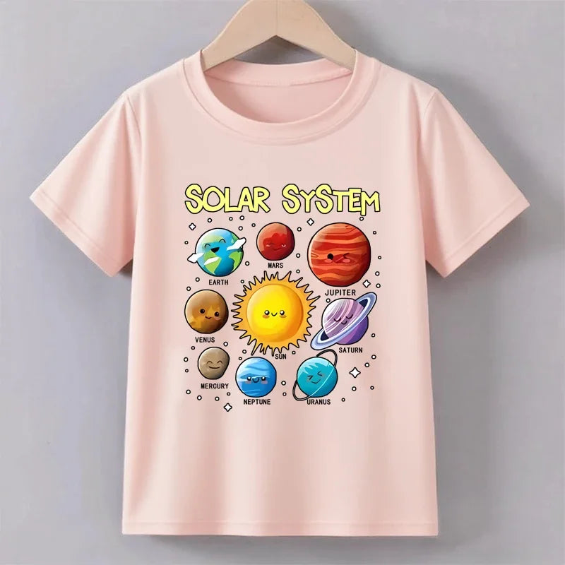Teenage Solar System Colorful Printed T-shirt Boys Girls Summer Casual Fashion Round Neck Short Sleeve Tops Children Clothing