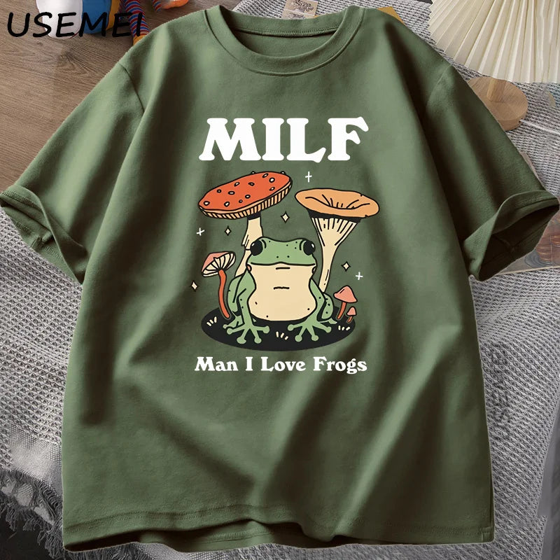 Retro Frog Tshirt Funny MILF Froggy T Shirt Cottagecore Froggy T-shirt Toad Frog Lover Tees Man Clothing Tees Short Sleeve