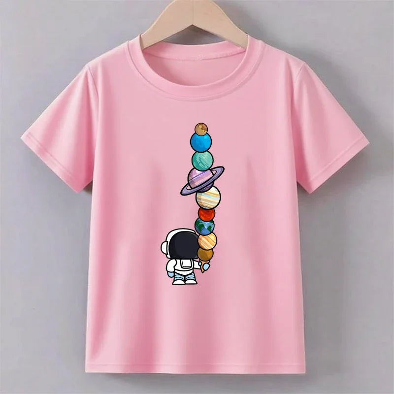 Teenage Astronaut Planeet Print T-shirt Summer Boys Fashion Casual Funny O-Neck Short Sleeve Children Colorful Tops T-shirt