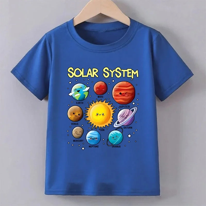 Teenage Solar System Colorful Printed T-shirt Boys Girls Summer Casual Fashion Round Neck Short Sleeve Tops Children Clothing