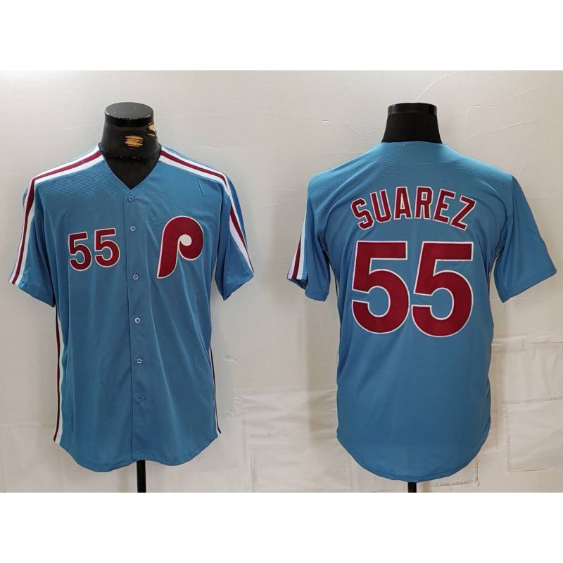 Philadelphia Phillies #55 Ranger Suarez Number Light Blue HeidiMiller Cooperstown Cool Base Jersey