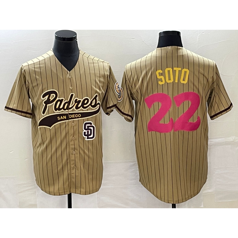 San Diego Padres #22 Juan Soto Tan HeidiMiller Pinstripe 2023 City Connect Cool Base Stitched Jersey 2