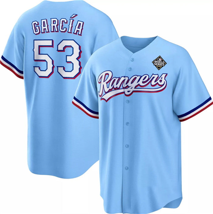 Texas Rangers #53 Adolis Garc¨ªa Blue HeidiMiller 2023 World Series Cool Base Stitched Jersey