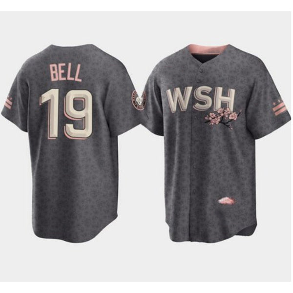 Washington Nationals #19 Josh Bell 2022 Grey HeidiMiller City Connect Cherry Blossom Cool Base Stitched Jersey