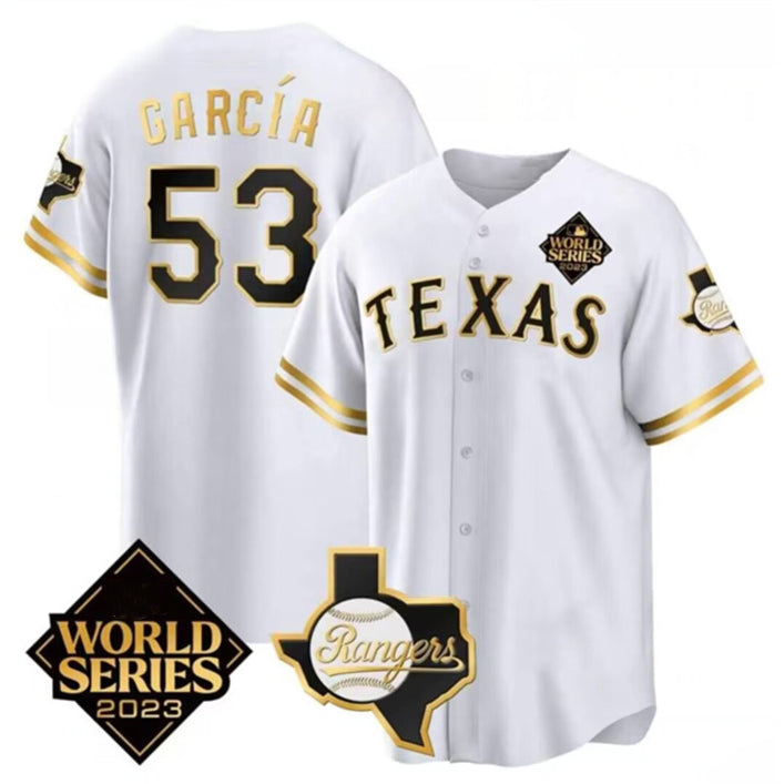 Texas Rangers & Cowboys #53 Adolis Garc¨ªa White HeidiMiller 2023 World Series Splite Stitched Jersey