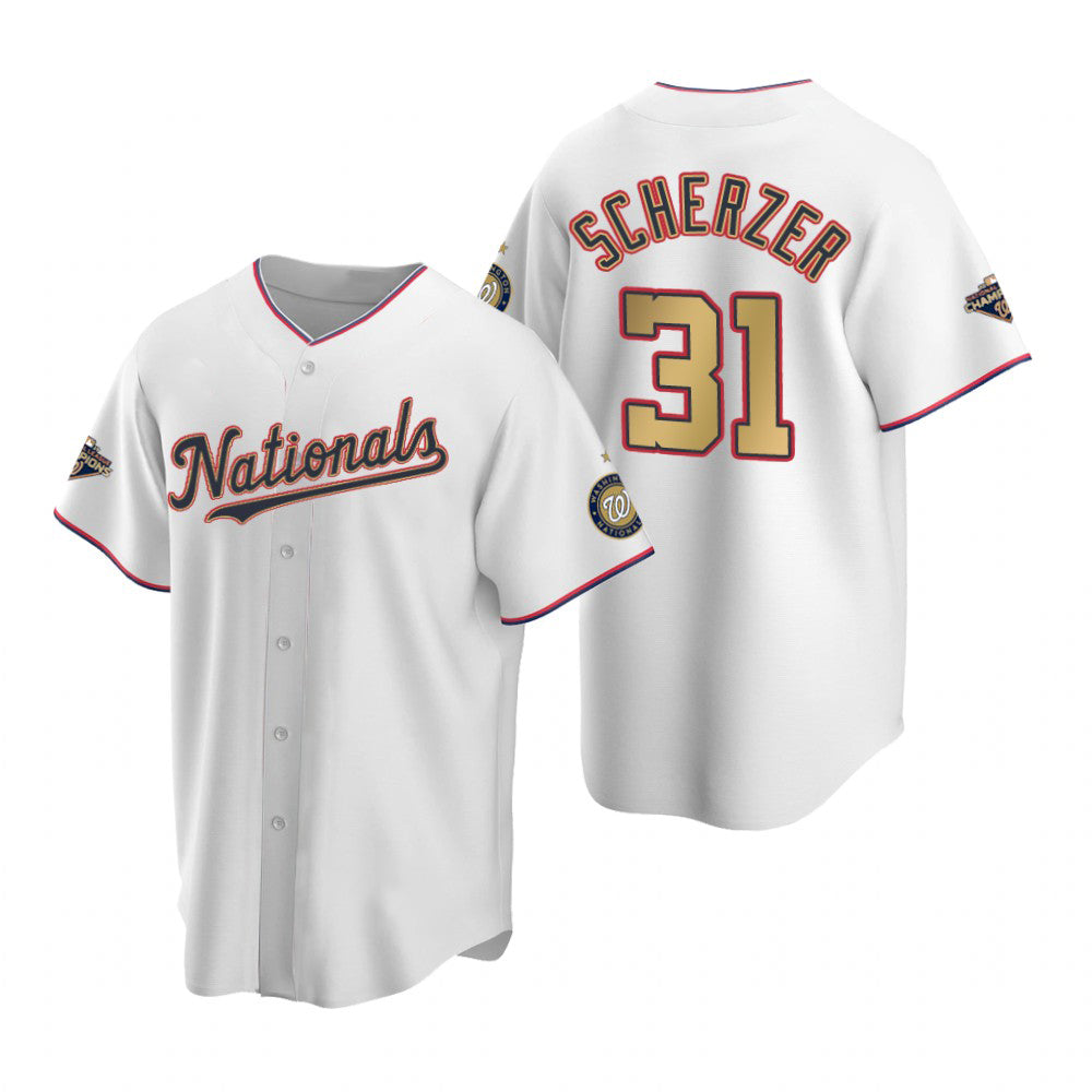 Washington Nationals #31 Max Scherzer White Gold HeidiMiller 2019 World Series Champions Stitched Cool Base Jersey