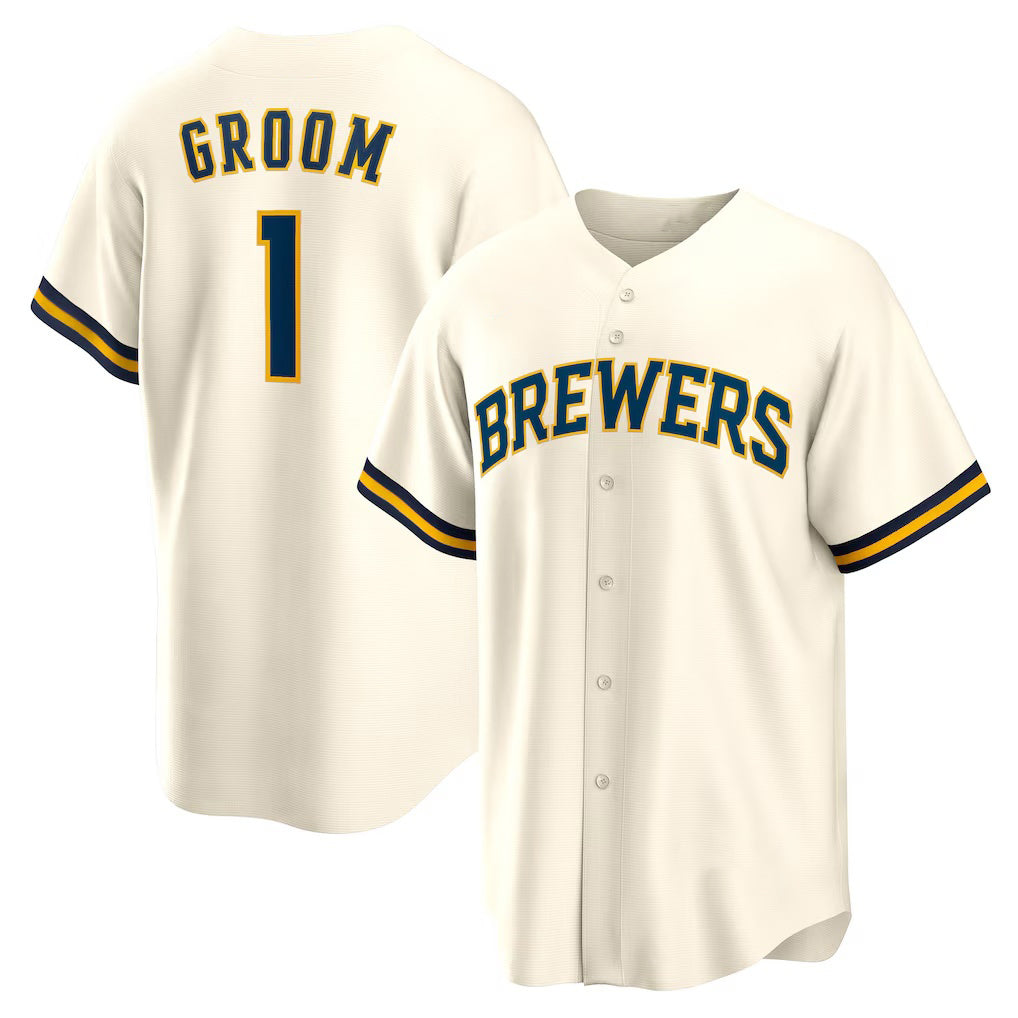 Milwaukee Brewers #1 Groom White HeidiMiller Home Replica Jersey