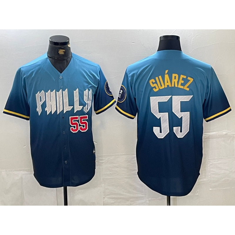 Philadelphia Phillies #55 Ranger Suarez Blue HeidiMiller 2024 City Player Number Cool Base Jerseys