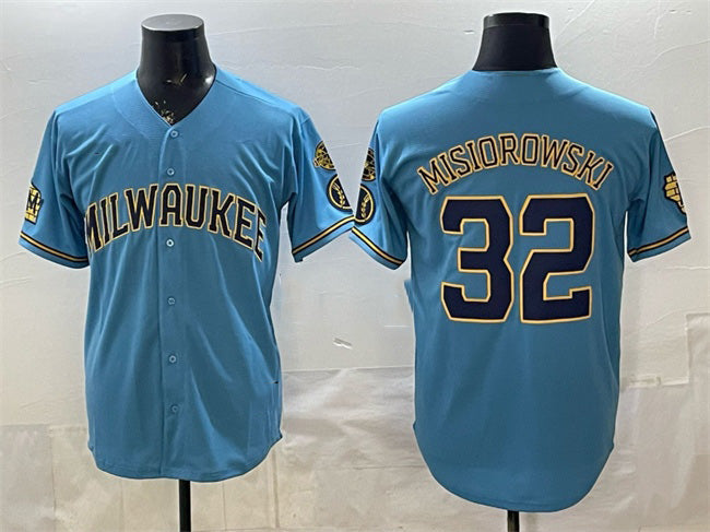 Milwaukee Brewers #32 Jacob Misiorowski Blue HeidiMiller With Home & Bob Uecker Patch Stitched Jersey