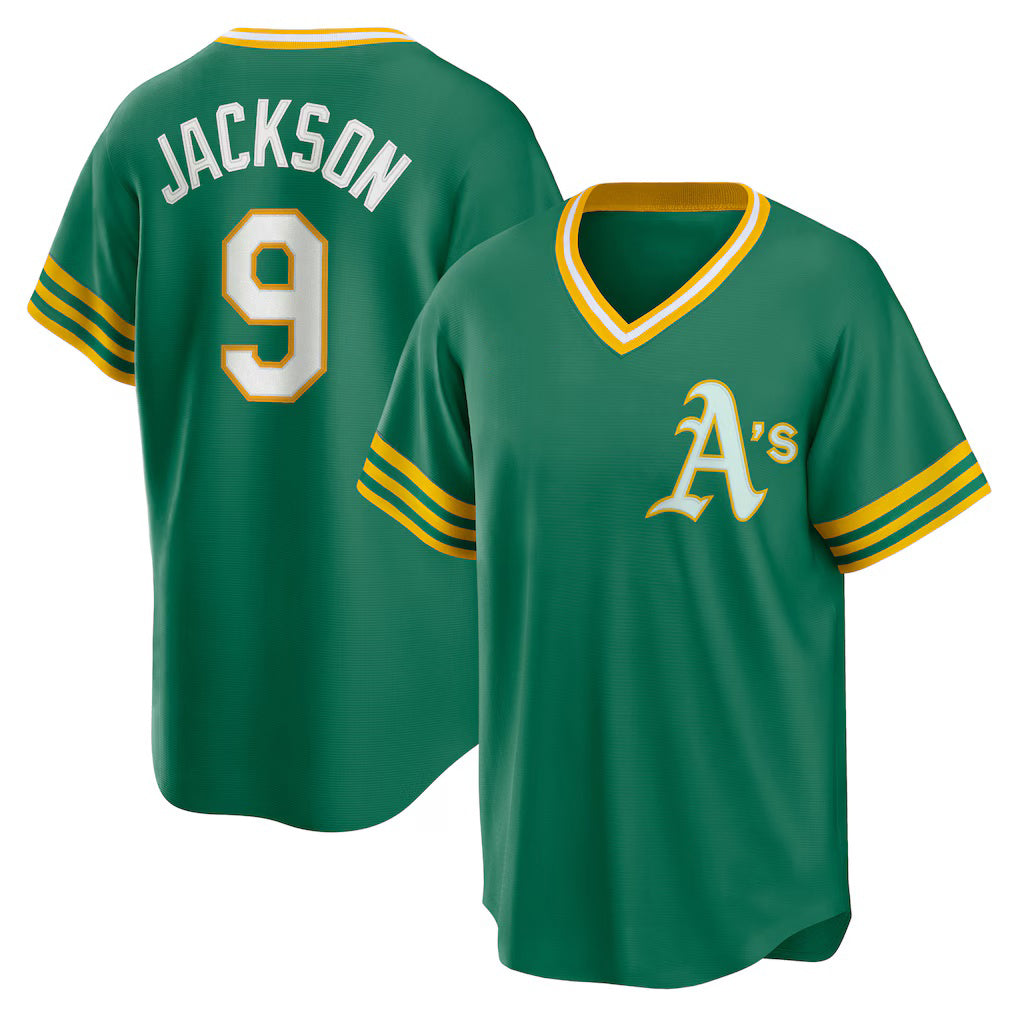 Oakland Athletics #9 Reggie Jackson Kelly Green HeidiMiller Road Cooperstown Collection Player Jersey