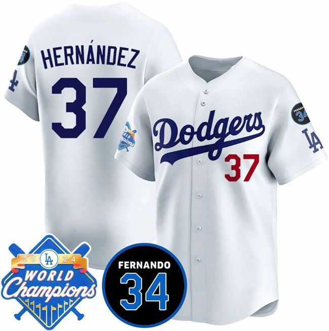 Los Angeles Dodgers #37 Teoscar Hernandez White HeidiMiller 2024 World Champions & Fernando Memorial Patch Vapor Premier Home Limited Stitched Jersey