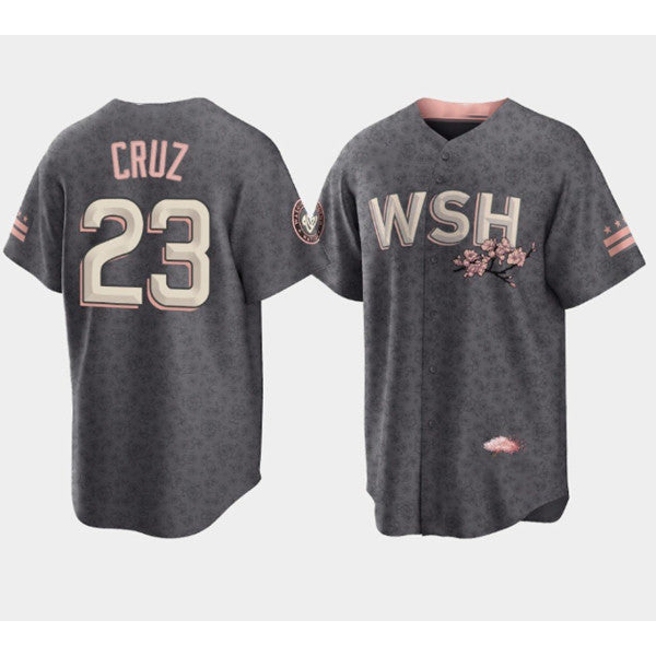 Washington Nationals #23 Nelson Cruz 2022 Grey HeidiMiller City Connect Cherry Blossom Cool Base Stitched Jersey