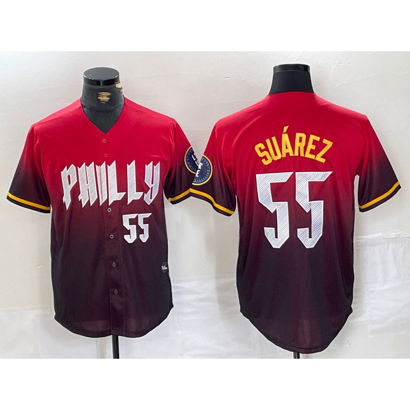 Philadelphia Phillies #55 Ranger Suarez Red HeidiMiller 2024 City Player Number Cool Base Jersey 3