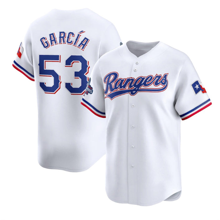 Texas Rangers #53 Adolis Garc¨ªa White HeidiMiller 2023 World Series Champions Stitched Jersey