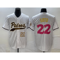 San Diego Padres #22 Juan Soto Number White HeidiMiller Pinstripe 2023 City Connect Cool Base Stitched Jersey