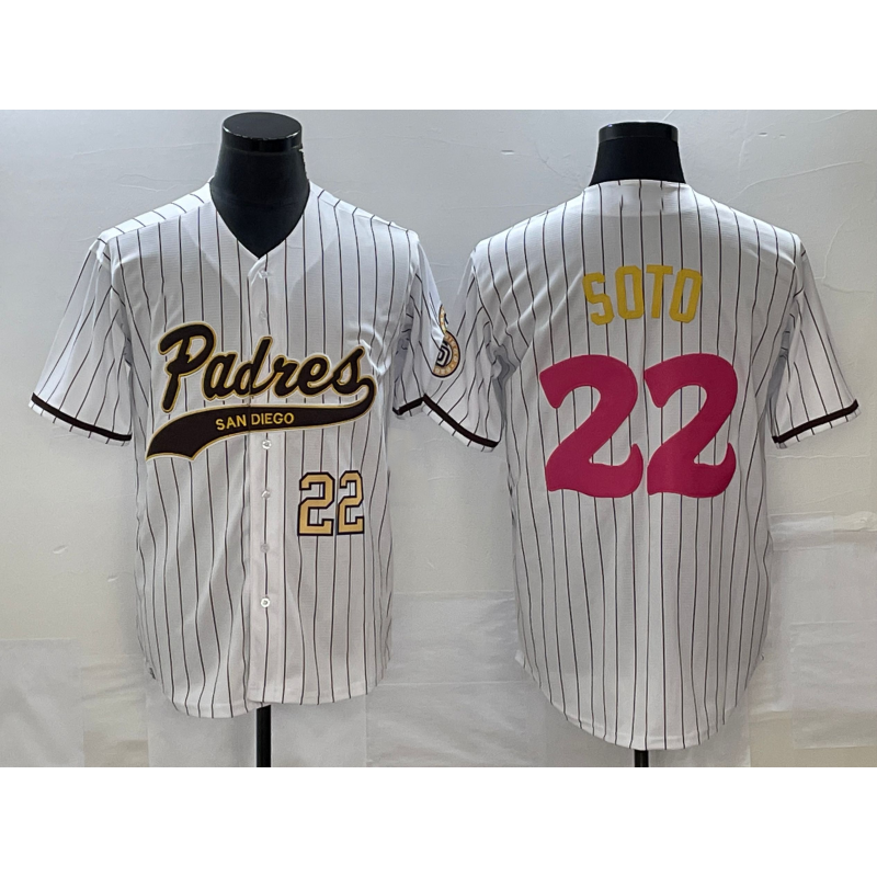 San Diego Padres #22 Juan Soto Number White HeidiMiller Pinstripe 2023 City Connect Cool Base Stitched Jersey