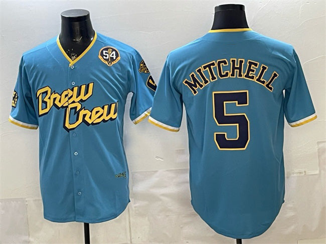 Milwaukee Brewers #5 Garrett Mitchell Powder Blue HeidiMiller City Connect With Home & Bob Uecker Patch Limited Stitched Jersey