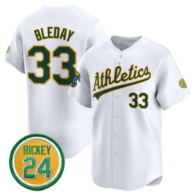 Oakland Athletics #33 JJ Bleday White HeidiMiller 2024 Home Limited With Rickey Henderson Patch Stitched Jersey