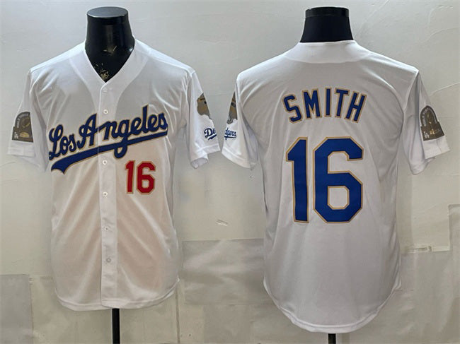 Los Angeles Dodgers #16 Will Smith White HeidiMiller 2026 Gold Collection 9x & B2B Champs Patch Stitched Jersey