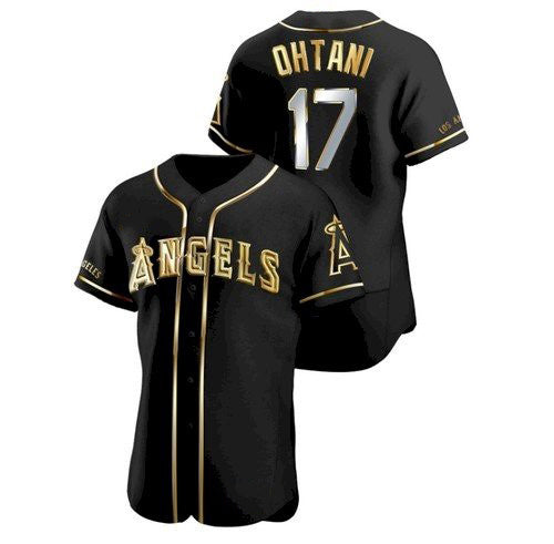 Los Angeles Angels #17 Shohei Ohtani Black Gold HeidiMiller Stitched Flex Base Jersey