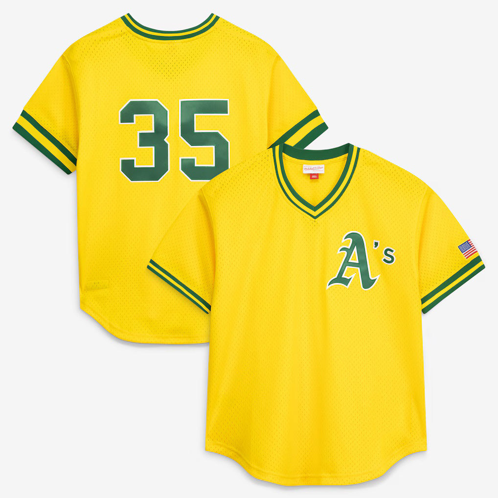 Oakland Athletics #35 Rickey Henderson Mitchell & Ness Yellow HeidiMiller Authentic Batting Practice Jersey