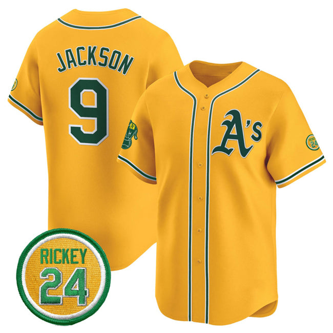Oakland Athletics #9 Reggie Jackson Yellow HeidiMiller 2024 Limited With Rickey Henderson Patch Stitched Jersey